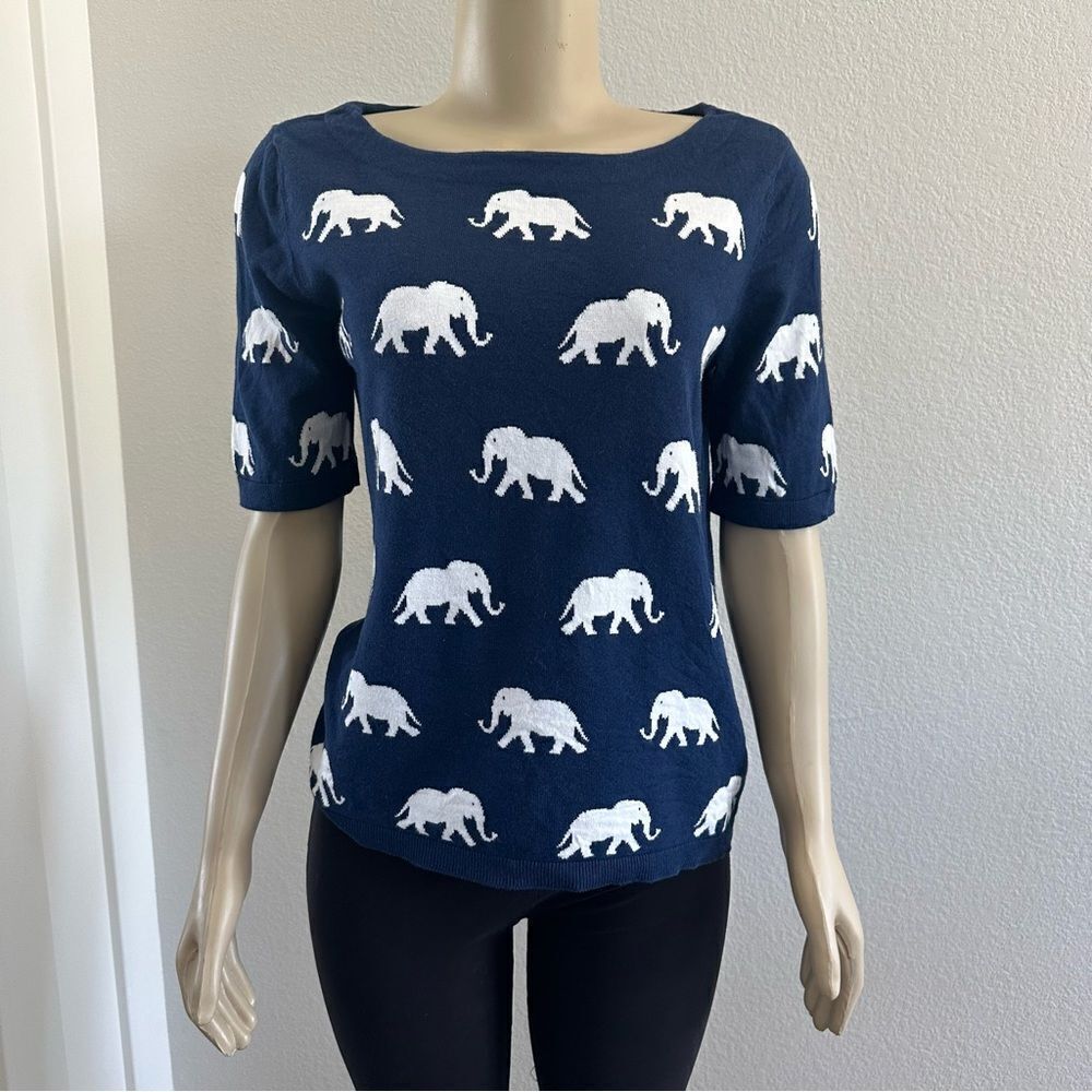 Talbots‎ Short Sleeve Sweater Navy Elephants Pullover Top Rayon Cotton safari